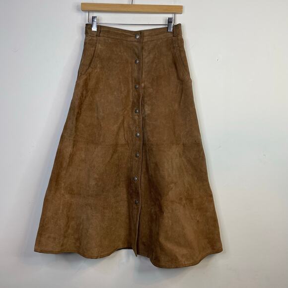 Vintage Tanner Brown Tan Suede Leather Midi A-line Snap Front Skirt Womens 8 26 - Picture 1 of 11